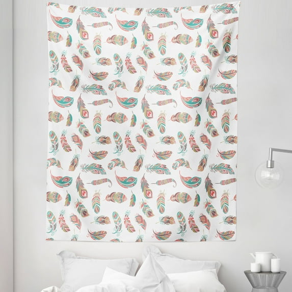 Indie Tapestry, Feathers Colorful Style Ornaments Bohemian Print, Fabric Wall Hanging Decor for Bedroom Living Room Dorm, 5 Sizes, Turquoise Pale Pink, by Ambesonne