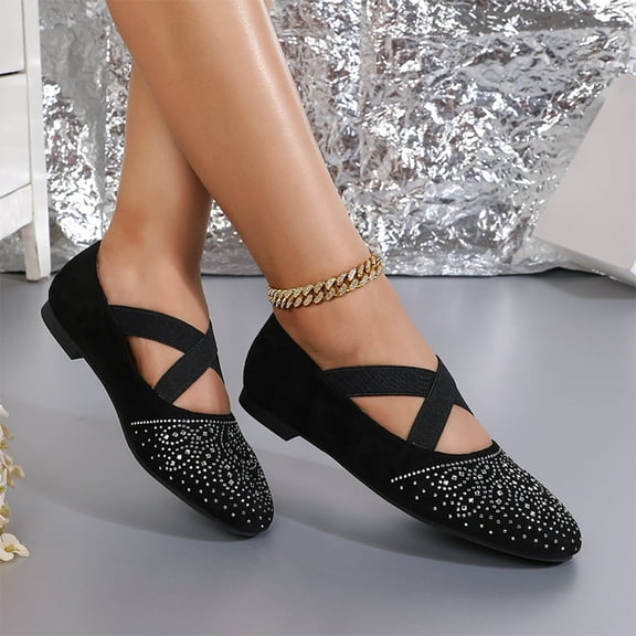 WZX Ballets Flats for Women Dressy Comfortable Soft Knit Work Flats Glitter Rhinestone Round Toe Casual Shoes Black Size 12