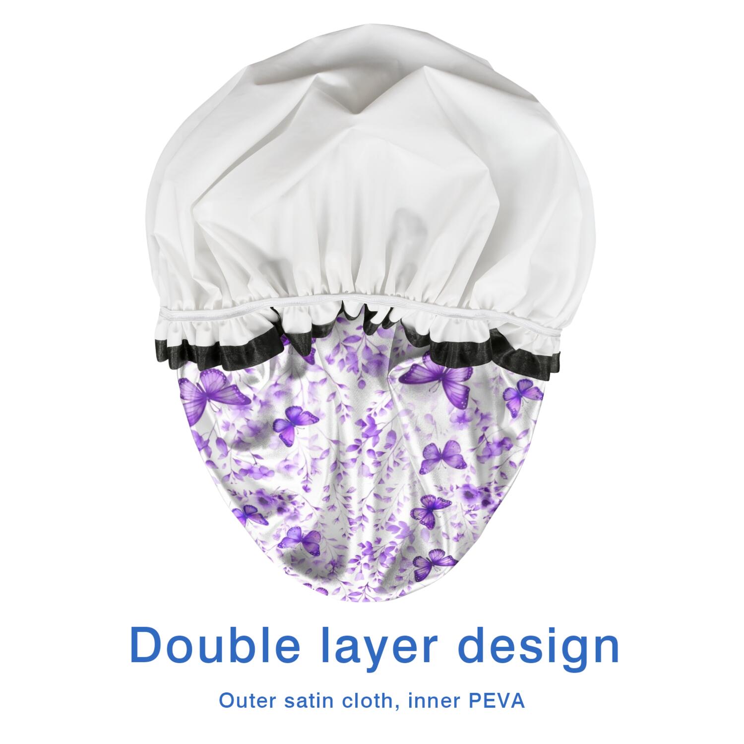 Shower Caps,White Purple Butterfly Flower Pattern Waterproof Shower Cap for Women 4 Pieces,Double Reusable Hair Cover for Shower PEVA Elastic Stretch Hem