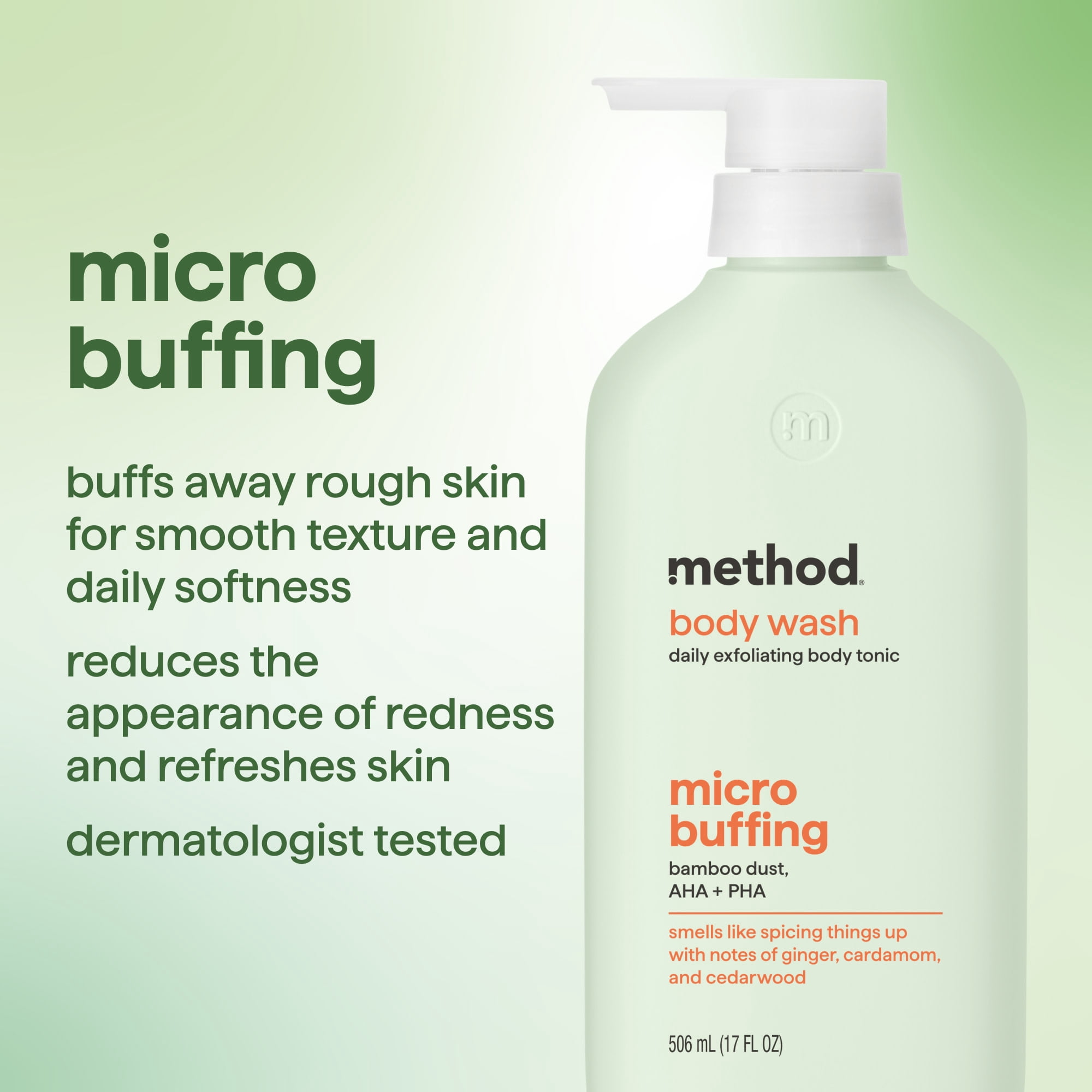 method Exfoliating Body Wash, Micro Buffing - Notes of Ginger, Cardamom & Cedarwood, Made Without Parabens, Smooths Skin with AHA & PHA, 17 fl oz