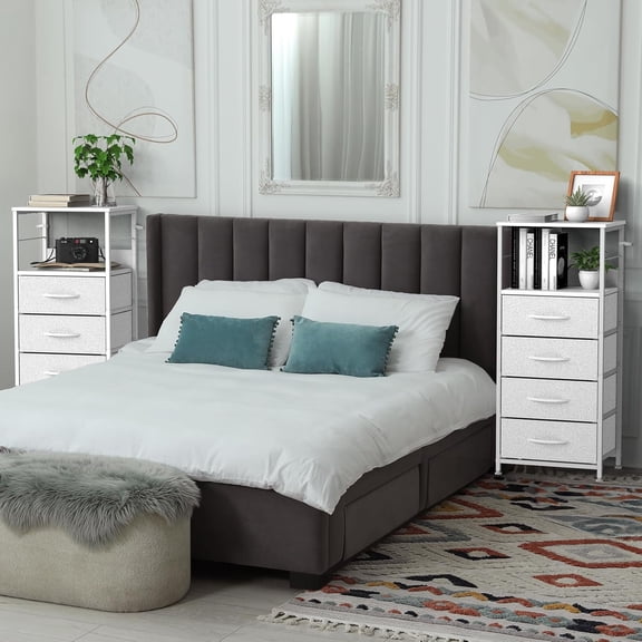 Nightstand with 4 Drawers End Table White Bedside Table with Storage 36 Inch Tall Night Stand for Bedroom Living Room, Wood Top