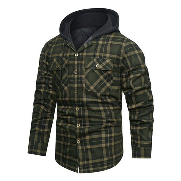 Meichang Flannel Shirts for Men Plus Size Plaid Hoodies Fall Button Down Shirt Jacket Classic Fit Long Sleeve Lightweight Jacket