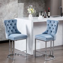 PORKISS Counter Height Bar Stools, Velvet Barstools Set of 2 with Button Back and Rivet Trim, Modern Upholstered Kitchen Island Chairs with Chromed Metal Base Legs, Light Blue