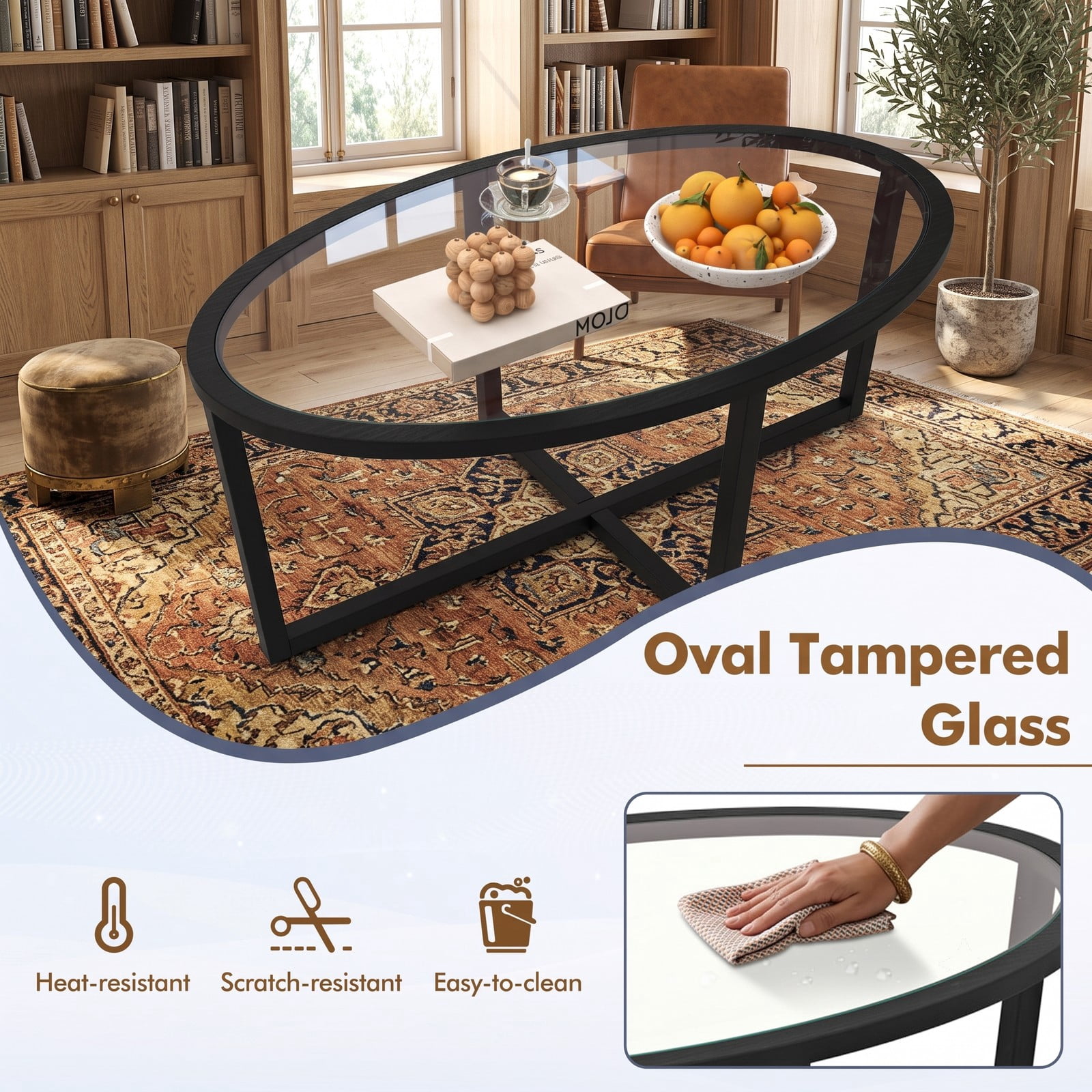 Furnibear Oval Glass Coffee Table, Living Room Center Table with Tempered Glass Top, Cross Base and Solid Acacia Wood Legs, 110 lbs Capacity Accent Sofa Side, Black