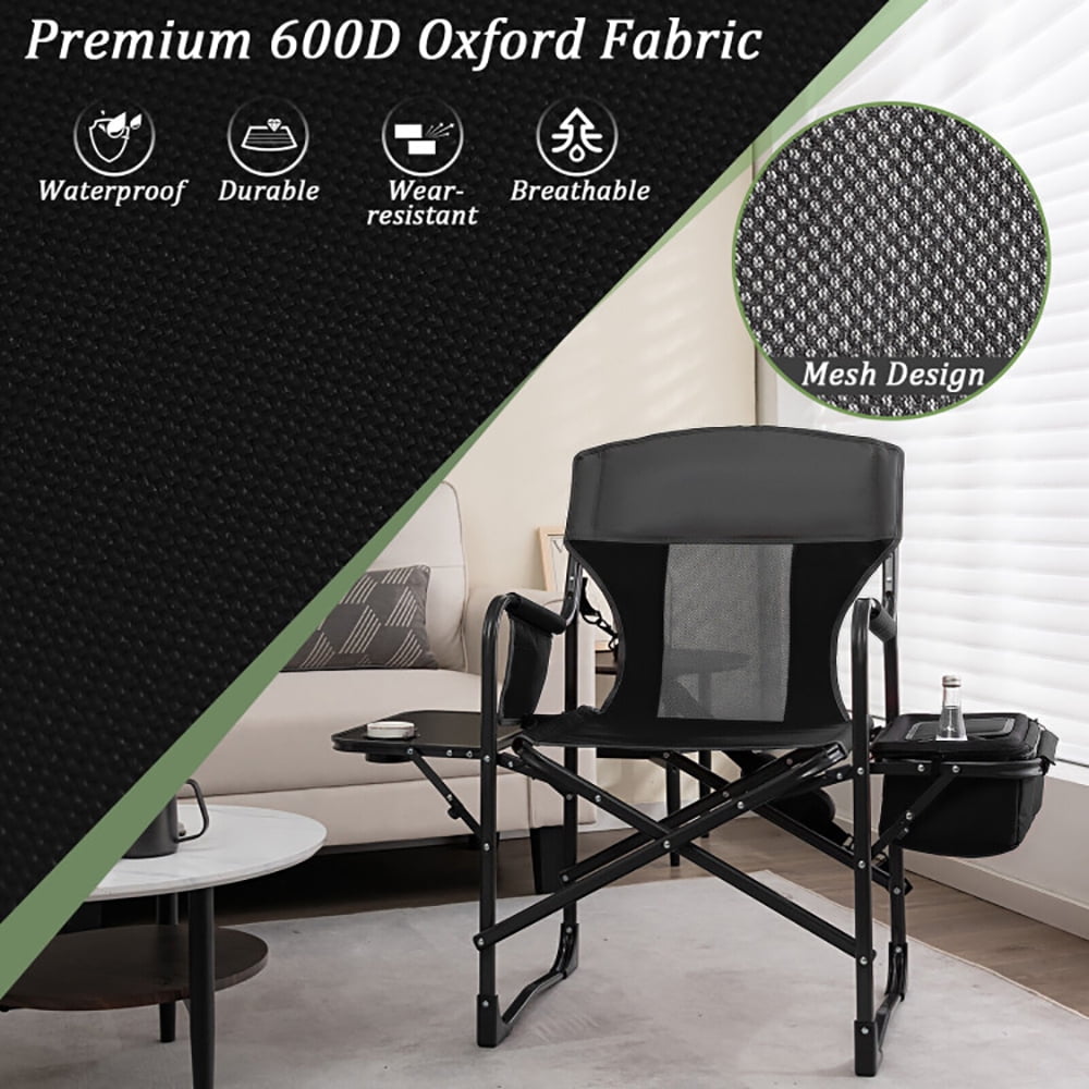 Aimee Lii Folding Camping Directors Chair with Cooler Bag and Side Table, Portable Chairs for Adults, Comfy Outdoor Chair, Black