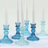 Efavormart 6 Pack Assorted Blue Glass Taper Candlestick Holders with Diamond Pattern, Reversible Crystal Pillar Votive Candle Stands - 4"