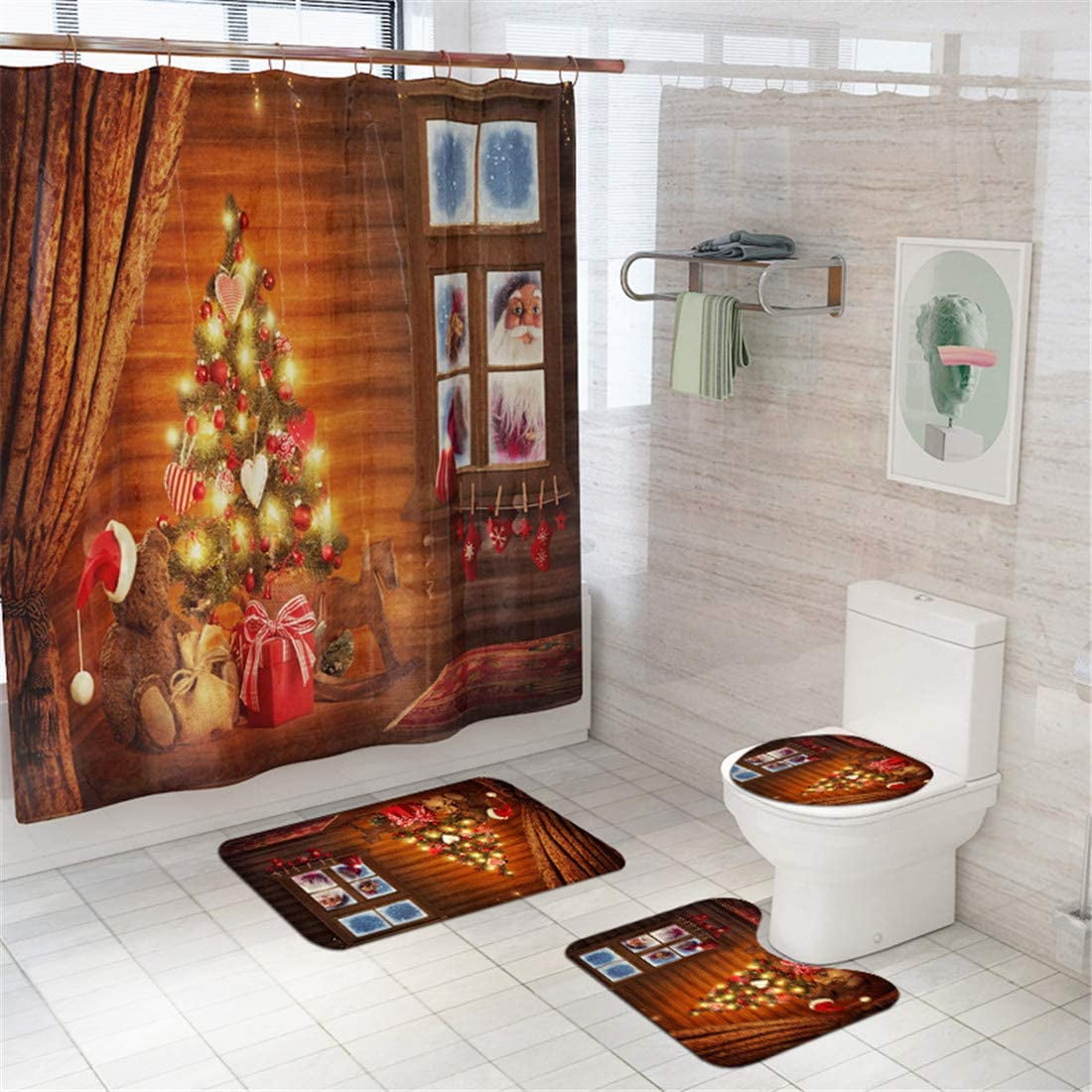 Merry Christmas Dogs Shower Curtain Sets with NonSlip Rugs, Toilet Lid