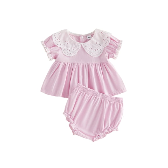 BemeyourBBs Infant Baby Girls Summer Clothes 2 Pieces Outfits Short Sleeve Doll Collar Eyelet Shirt Tops Bloomer Shorts Sets
