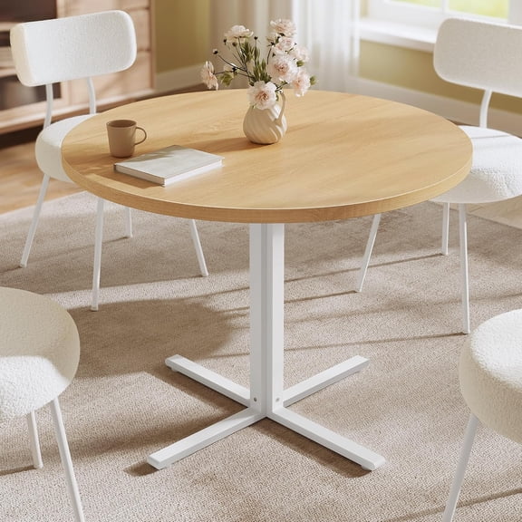 31.5-Inch Dining Table, Small Round Kitchen Table for 4 People | Steel Frame, Modern, for Dining Room, Living Room, Modern, Water-Resistant, Oka Beige