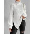 thumbnail image 2 of EYIIYE Chandail d'Automne Hiver pour Femmes à Manches Longues Col Roulé Tricoté chandail Couleur Unie Ourlet Fendu Long Tricoté Ample Décontracté Confortable, 2 of 8