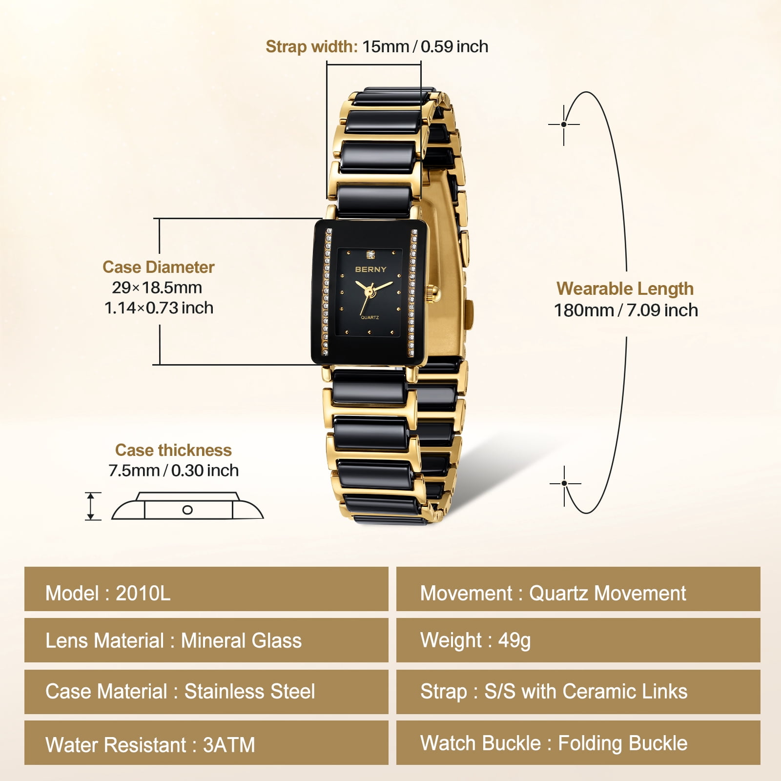 BERNY Watches for Women, Dainty Luxury Diamond Rectangular Case, Two Tone Stainless Steel Ceramic Bracelet Watch, Analog Quartz Waterproof, Fashion Ladies Small Dress Watch Gifts