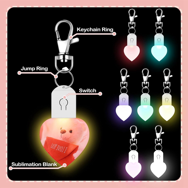 10 Pcs LED Sublimation Blank Keychain Lighted Heart Shape Transfer Keychain Acrylic Heat Sublimation Blanks