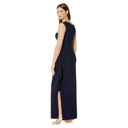 Alex Evenings Long Sleeveless Side Ruched Dress with Embroidered Sweetheart Illusion Neckline Navy/Nude