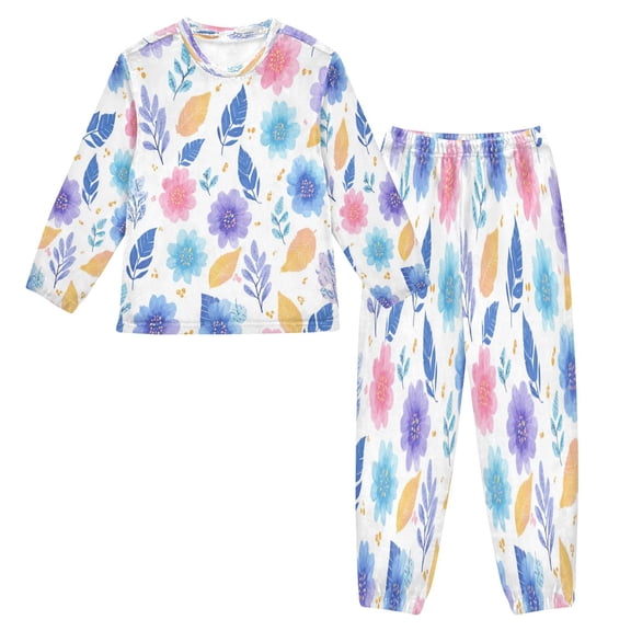 Fluffy Pajamas Set Fuzzy Winter Warm Pj Sets Pullover Tops and Long Pants Blue and Purple Flowers X-Small