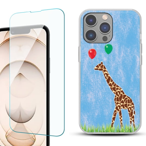 Slim-Fit Gel TPU Phone Case for iPhone 14 Pro, with Tempered Glass Screen Protector, by OneToughShield ® - Giraffe/Balloon