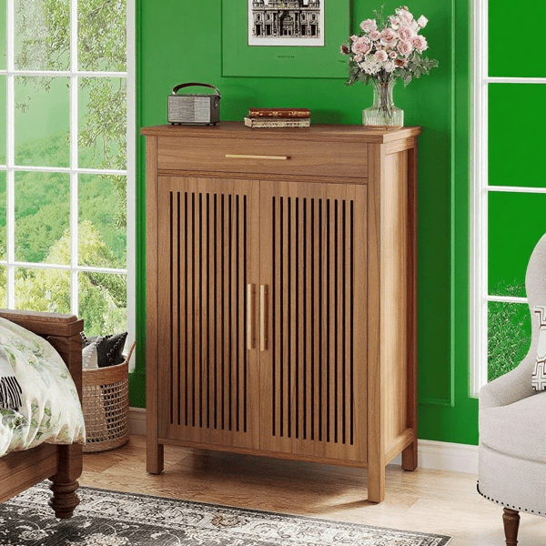 Entryway Shoe Cabinet, 2 Louvered Doors, 5-Tier Flexible Storage (20 Pairs), Large Drawer, MDF Construction with Anti-Tip Device, for Farmhouse/Contemporary Decor