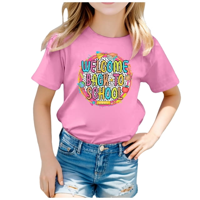 TZEWGL Chemise Décontractée pour Enfant Rentrée des Classes Saison Imprimé Graphique Col Rond Manches Courtes Vêtements pour Filles Garçons Taille 12-13T