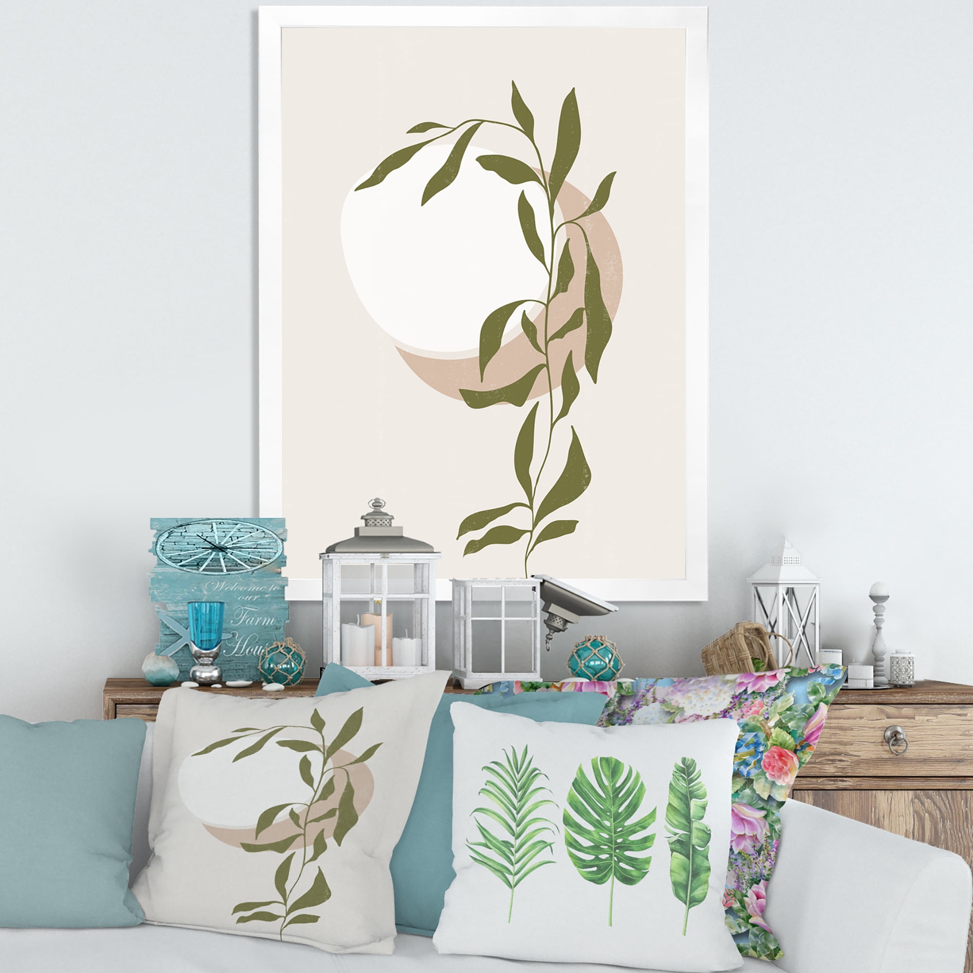 Designart 'Abstract Moon and Sun With Green Leaf III' Modern Framed Art Print