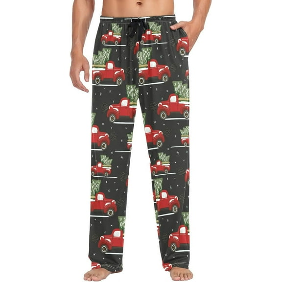 Top-kevin Men's Pajama Bottoms Christmas Red Truck Tree Gift Mens Pajama Pants Winter Vintage Pickup Car Cotton Pj Bottoms