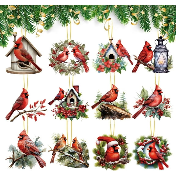 24Pcs Christmas Cardinal Wooden Ornaments Christmas Wood Cardinal Decors Christmas Hanging Sign Cardinal Ornaments Pendants with Ropes for Christmas Tree Home Decor
