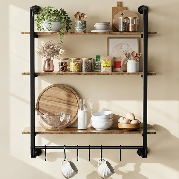 Kssiaz 3 Tier Wall Shelf, 24" Kitchen Wall Mount Industrial Pipe Floating Shelves, Wall Shelves with Towel Bar & 6 Hooks for Bathroom , Bedroom, Living Room, Home Decor