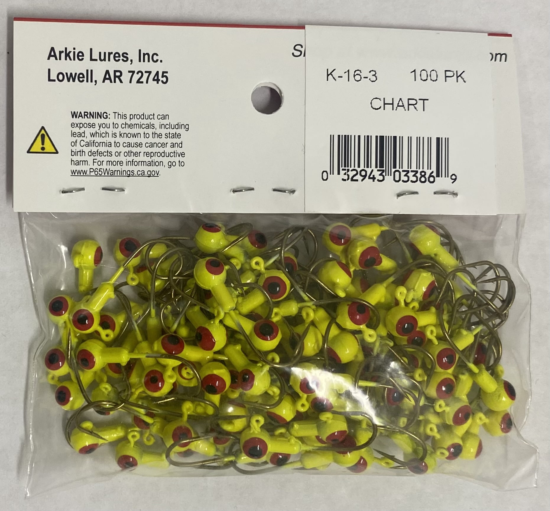 Arkie Lures Double Eye Painted Jig Heads, 1/16 oz, #3 Chartreuse, 100 Pack Fishing Lures