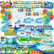 Chugga Chugga Two Two Party Decorations,95pcs Train Party Decorations & Train Party Tableware Set- Train Plates Cups Cake Topper Tablecloth Banner Balloons Backdrop etc Train Birthday Party Supplies