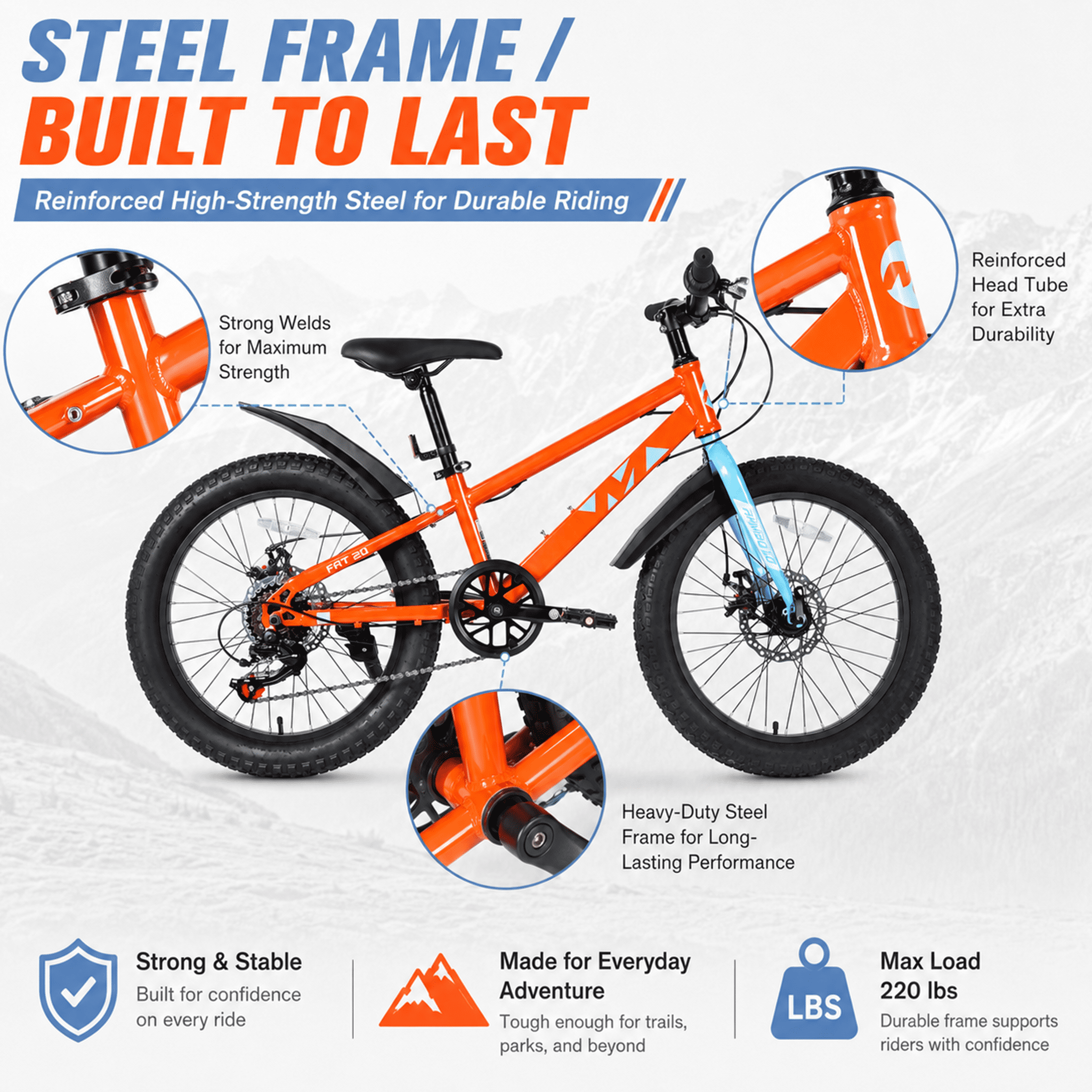 20 Inch Kids Mountain Bike with 3.0 Fat Tires, 7-Speed Drivetrain and Dual Disc Brakes, High-Carbon Steel Frame Children’s Bicycle for Boys and Girls Ages 5-12, Orange
