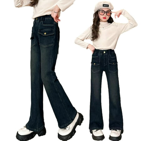 

KYAIGUO Kids Toddler Fleece Jeans Pants Flare for Girls 4-14Years Big Little Girls Denim Pants Fall Winte New Jeans Flare Pants for Girls High Waisted Jeans Youth Thick Warm Jeans