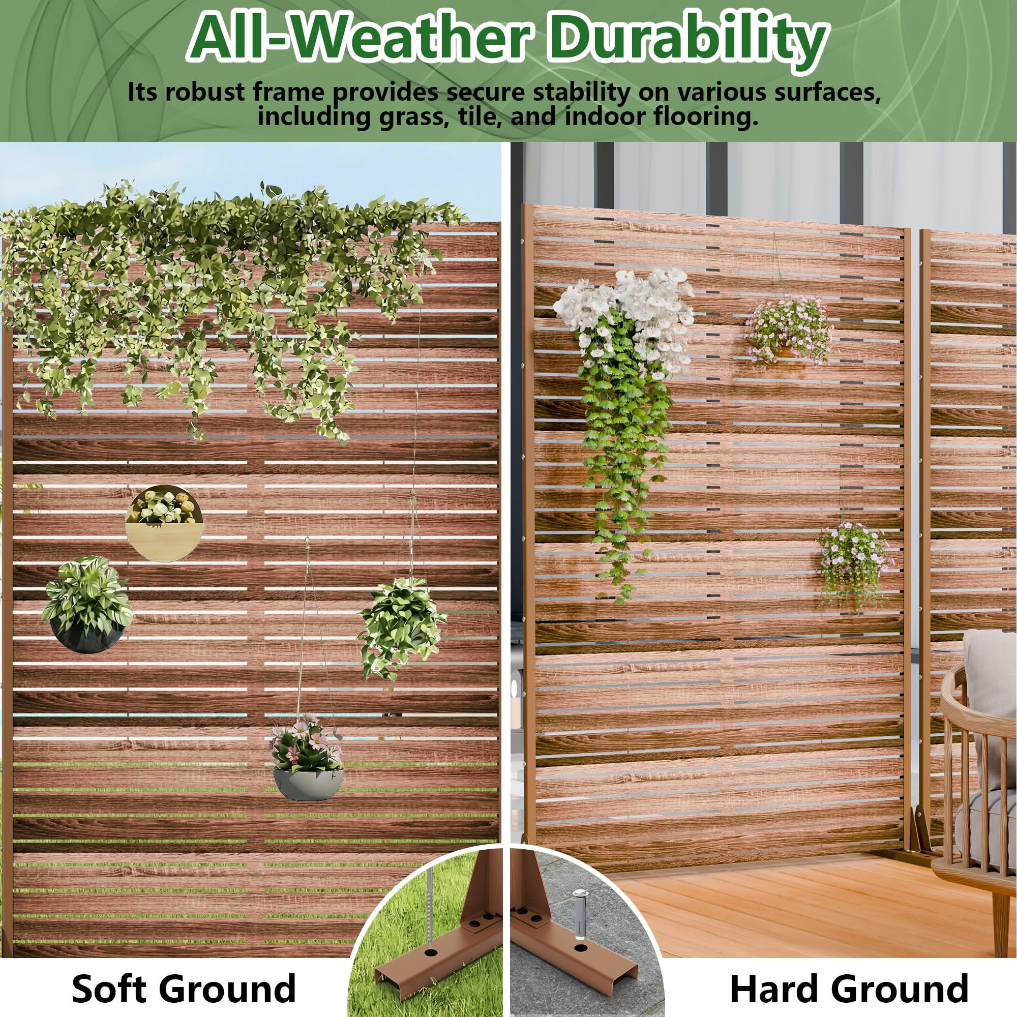 MAYEERTY 2-Piece Outdoor Metal Privacy Screen 6ft × 4ft Natural Wood, 6-Panel Wood Grain Louvered, Weatherproof for Patio