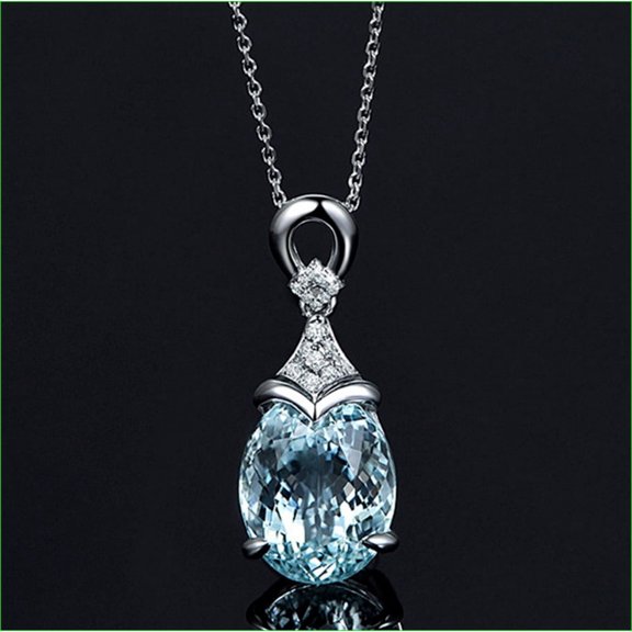 Lab Created Aquamarine Teardorop solitaire Pendant 1 Ct Oval Cut 14K White Gold Plated