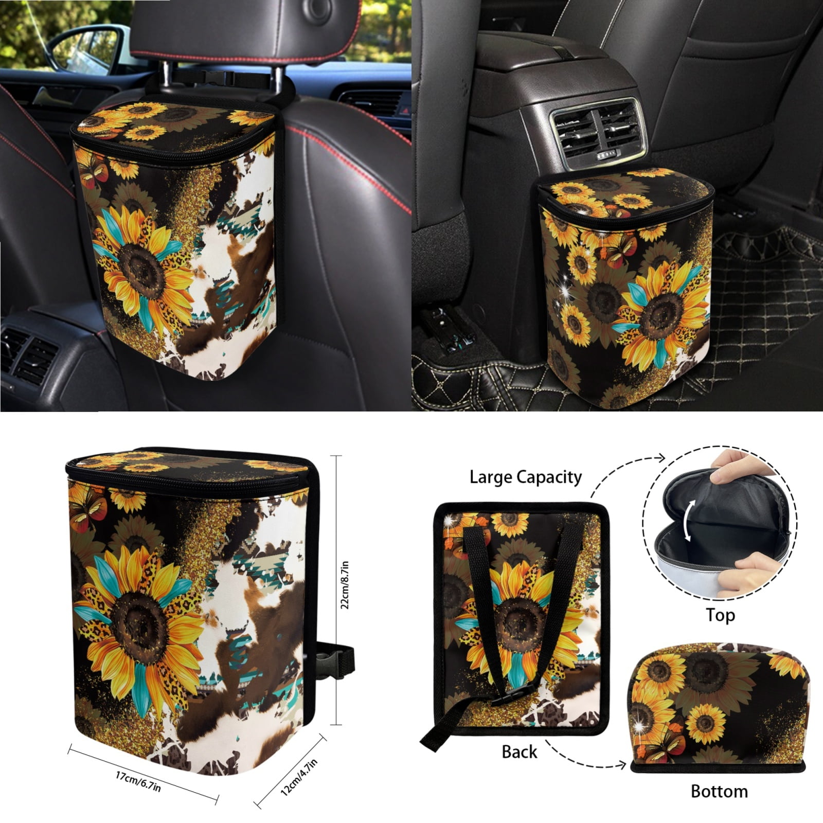 Garronmavis Aztec Sunflower 15 Pack Car Accessories Sets 4 Pieces Car Seat Covers Steering Wheel Cover Keychain Car Trash Bag Car Pouch Organizer Auto Rear View Mirror Covers Car Coasters