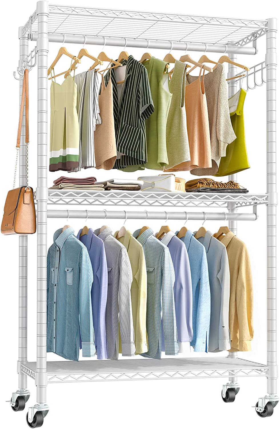 Portable Closets Rolling Garment Rack 3 Tiers Adjustable Wire Shelving