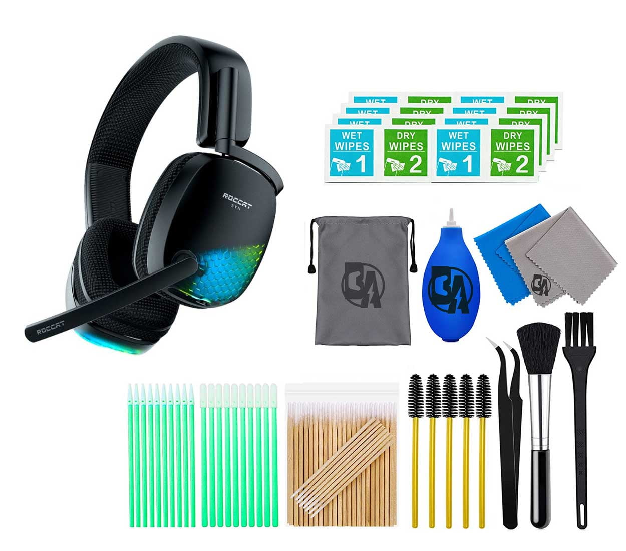 ROCCAT Syn Pro Air Lightweight RGB Wireless 3D Audio Surround Sound Gaming  Headset Black With Cleaning Kit Bolt Axtion Bundle Used