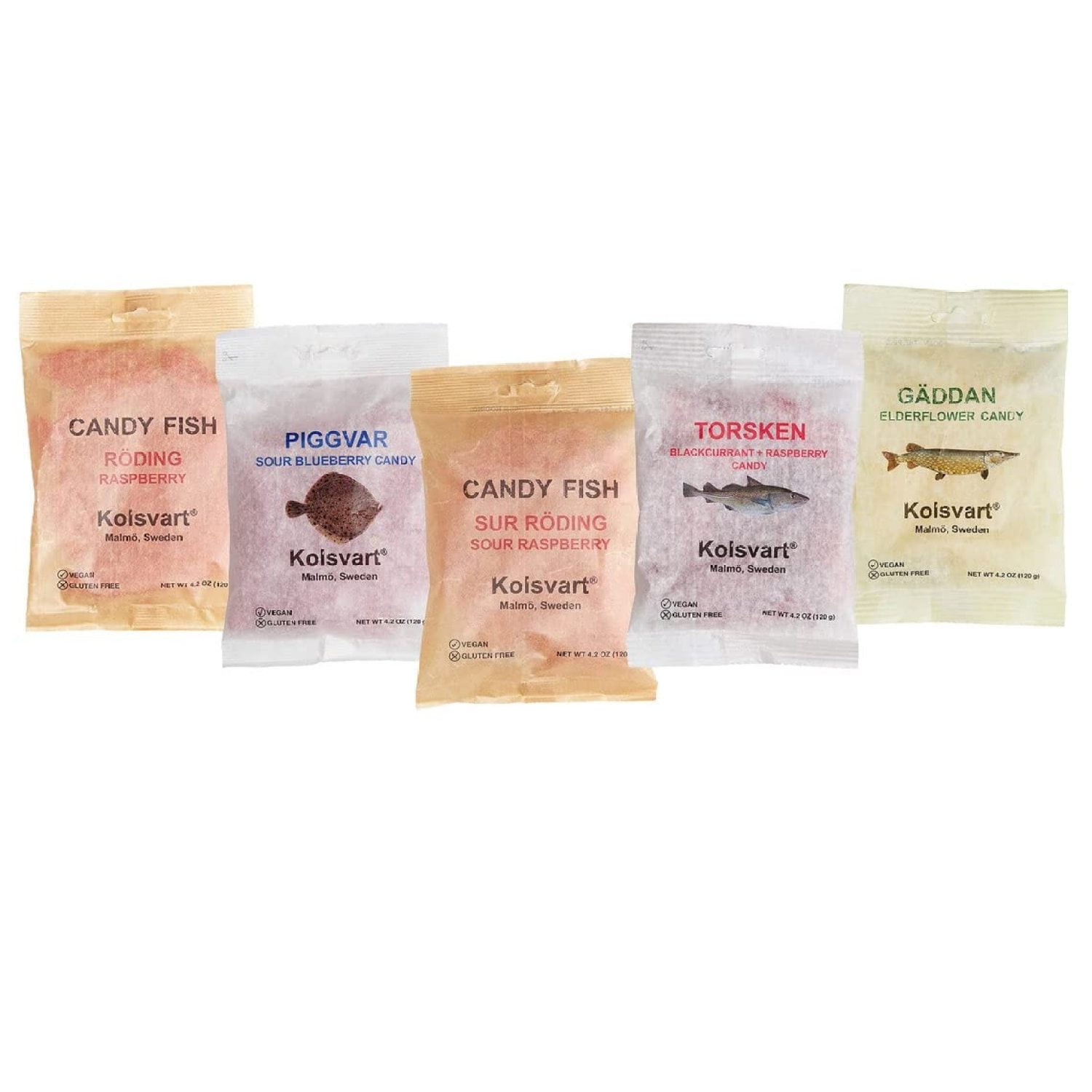 Swedish Candy Variety Pack, 4.2 Ounces - Raspberry, Blackcurrant & Raspberry, Sour Blueberry, Sour Raspberry, Elderflower (Pack of 5)