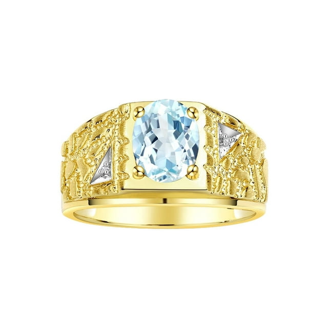 RYLOS Men's Rings Yellow Gold Plated Silver Designer Nugget Ring Oval 9X7MM Gemstone & Diamonds Aquamarine Birthstone Rings For Man Size 8