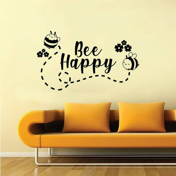 Bee Happy Cute Bees Flowers Motivational Quote Inspirational Quotes Wall Decal Wall Sticker Wall Art For Home Design Room Living Room Bedroom Office Vinyl Wall Art Décoration Decal Size (40x40 inch)