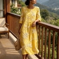 thumbnail image 7 of Ayolanni 3/4 Sleeve Fall Dresses Crew Neck Floral A-Line Maxi Dress Boho Flowy Holiday Pleated Long Dress Yellow L, 7 of 7