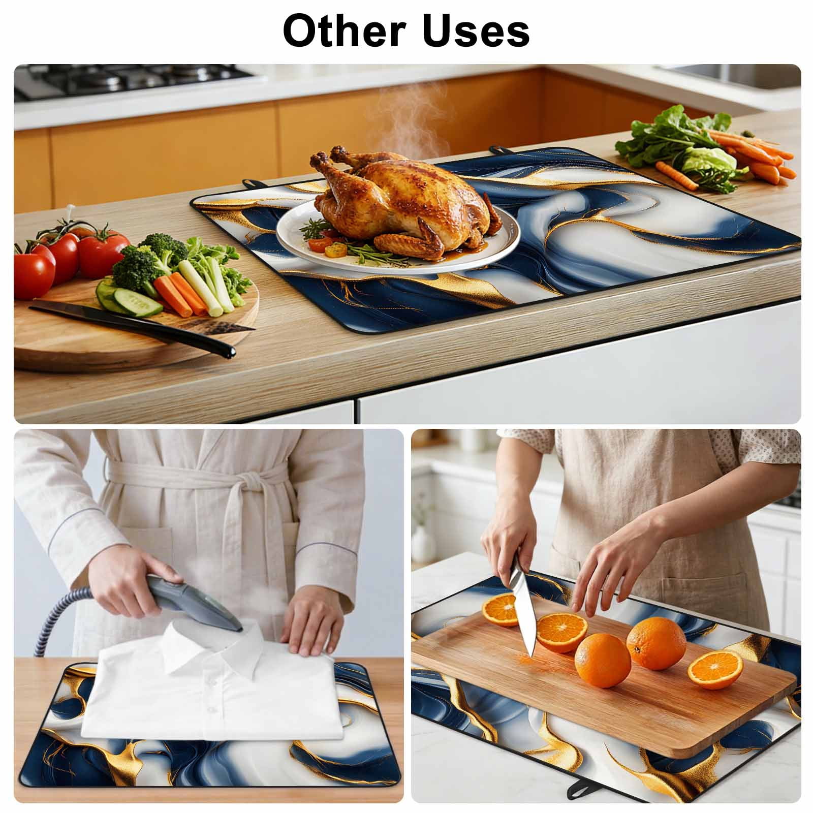 Navy Blue Marble Stove Top Cover for Electric Stove, Heat-proof & Non Slip Glass Top Stove Cover Protector, Gold Modern Art Kitchen Flat Cooktop Rubber Mat 24x21 Inches