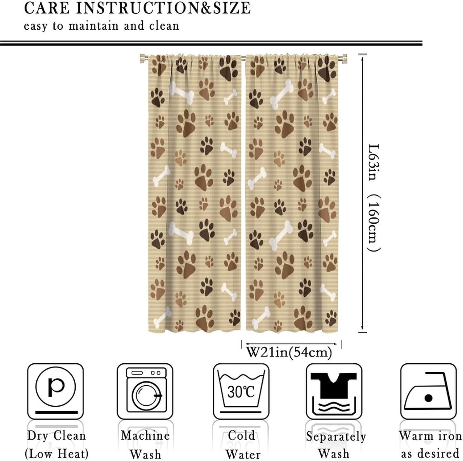 Cartoon Dog Curtains Coffee Color Dog Paw Prints Pattern Bone Rod Pocket Blackout Window Treatment for Kids Girls Bedroom Children''s Room Kitchen Home Decor Art Printed Window Drapes 42x63in