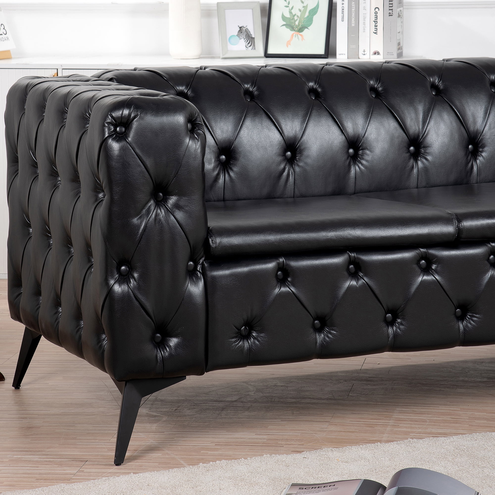Kadyn 84.06" Modern Upholstered 3 Seater Sofa, Removable Cushion Sofa Couch for Living Room, Traditional Square Arm Fabric Sofa with Iron Leg, Black