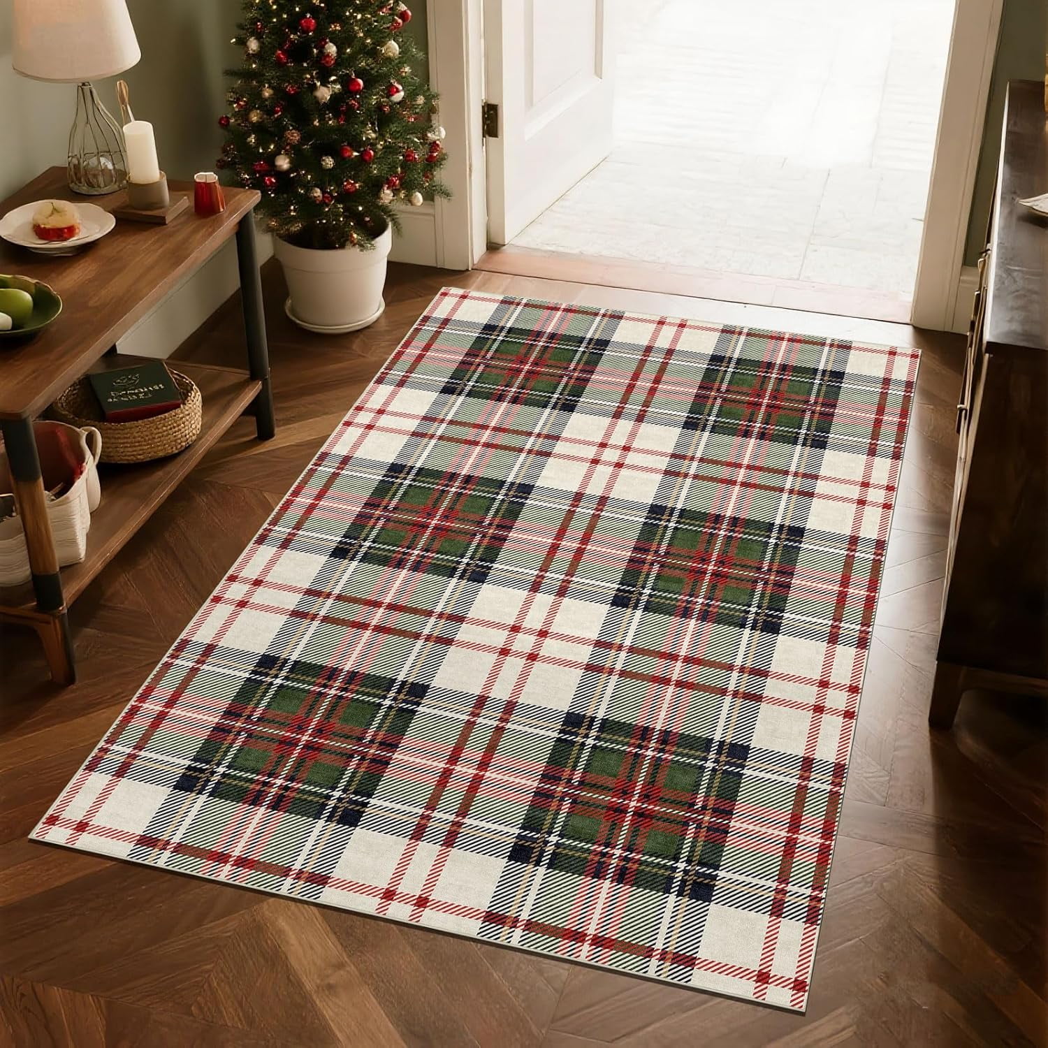 Christmas 3x5 Entry Rug - Small Washable Indoor Outdoor Mats for Front Door Non-Slip Porch Rug Holiday Tartan Plaid Throw Rugs for Living Room Bedroom Entryway Kitchen Office Porch Decor