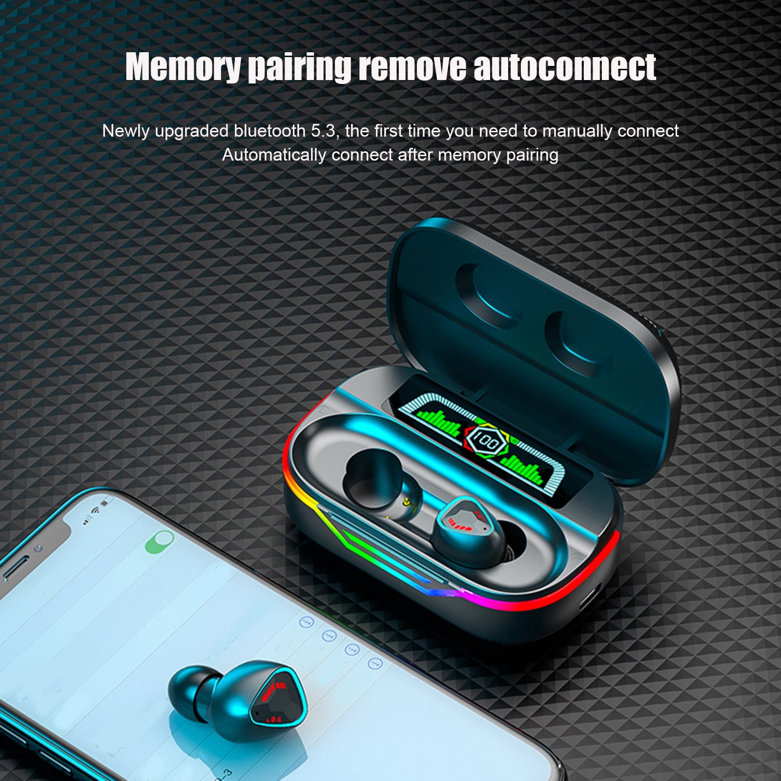 Bluetooth Headphones True Wireless Earbuds 60H Playback LED Power Display Earphones with Wireless Charging Case IPX5 Waterproof in-Ear Earbuds with Mic for TV Smart Phone Laptop Computer Sports,Black