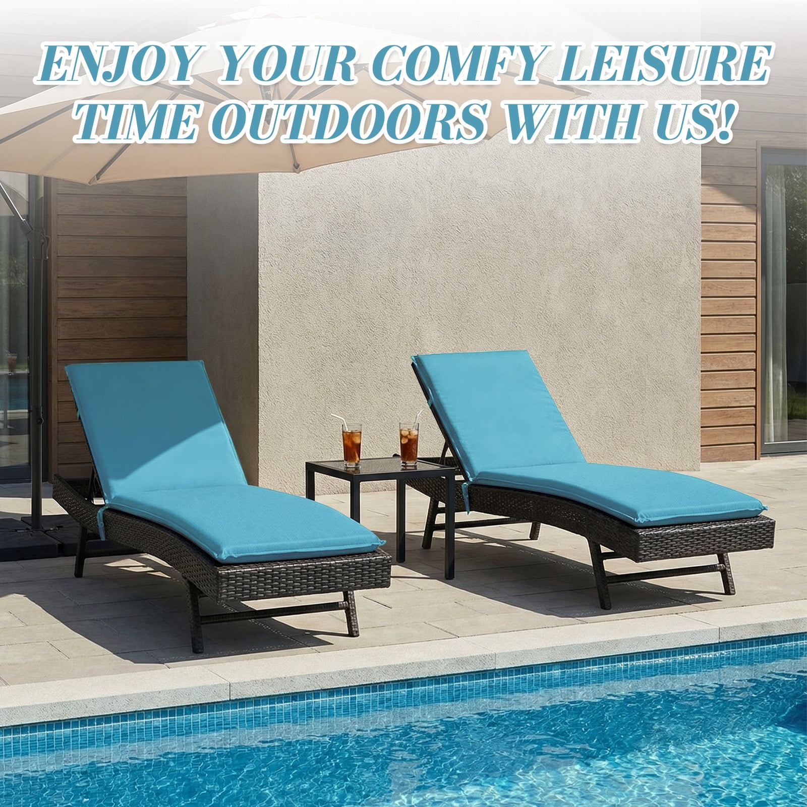 Eurhowing Outdoor Chaise Lounge Cushion 76"×23"×3", Waterproof Thick Patio Furniture Cushions with Straps, High-Density Foam Chair Pads for Poolside & Deck, 1 Pack, Blue