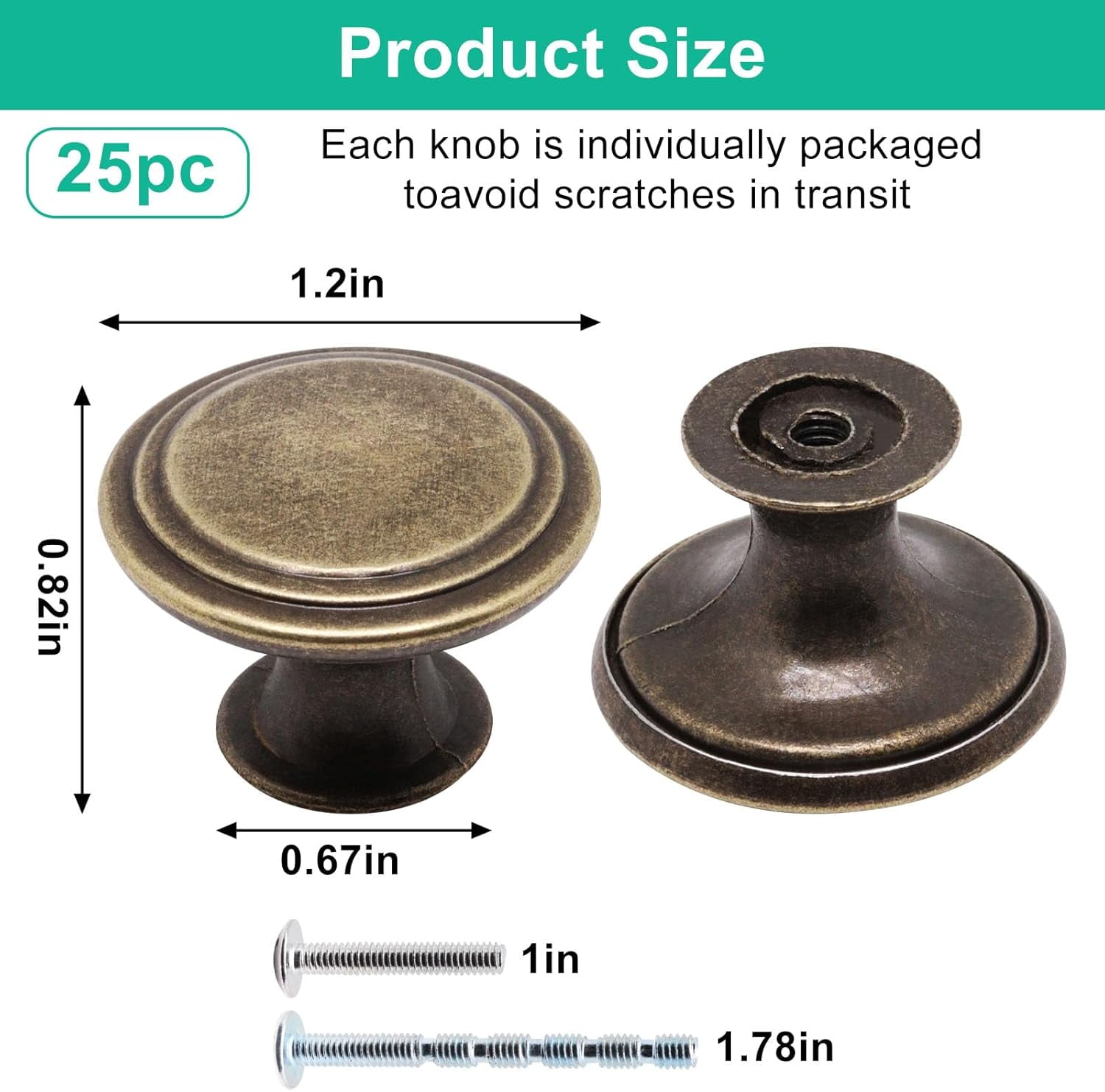 Cabinet Knobs Antique Brass 25 Pack, 1.2 inch Round Cabinets Kitchen Door Knob Cupboard for Dresser Drawers