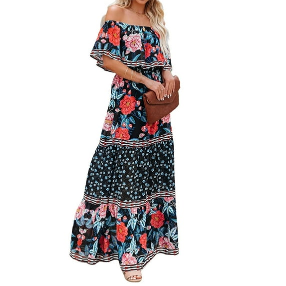 Women Off Shoulder Maxi Dress Floral Summer Dress Strapless Long Maxi Dress with Belted Peony L