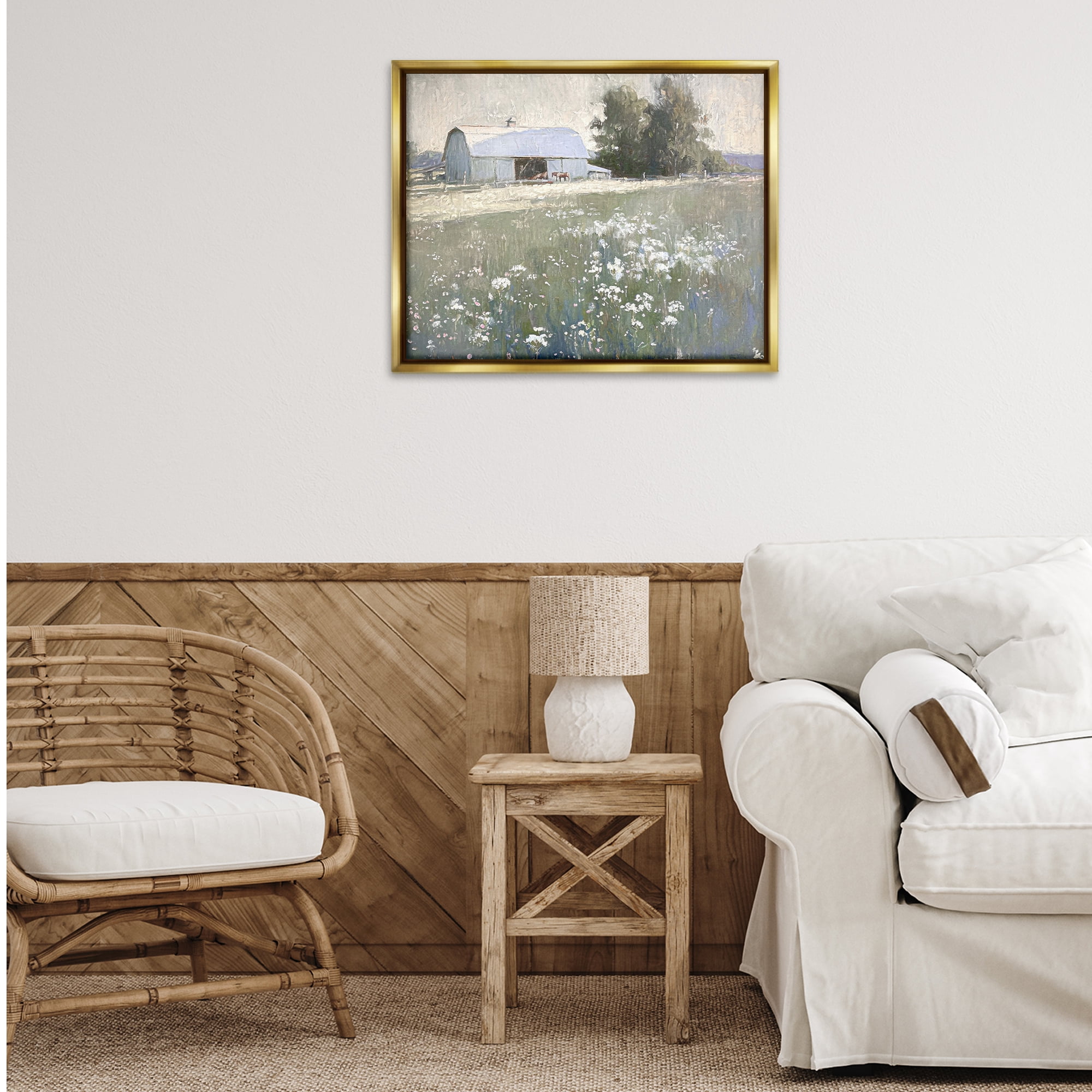 Stupell Industries Peaceful Farm Pasture Landscape Painting Gold Floater Framed Canvas Art Print Wall Art, 31 x 25