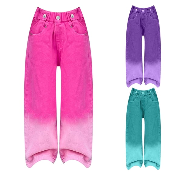 Girls Baggy Jeans Candy Colors High Rise Elastic Waist Wide Leg Denim 5-16Y