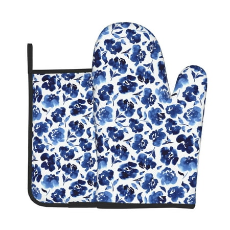 

Jgfou Blue Roses Pattern Oven Mitts and Pot Holders Sets Heat Resistant Oven Mittens Soft Lining Extra Thicken Long Kitchen Cotton Oven Glove for Cooking