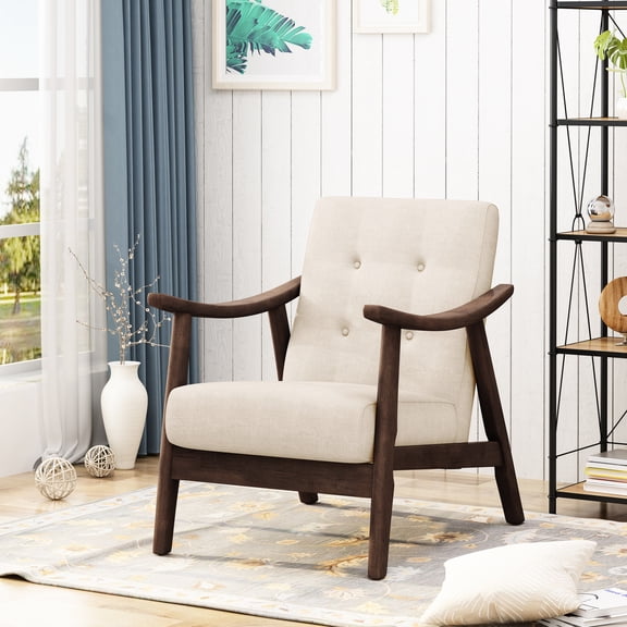 Mid-century Modern Beige Chair With Details And Stable Brown Upholstered Armchair In Look